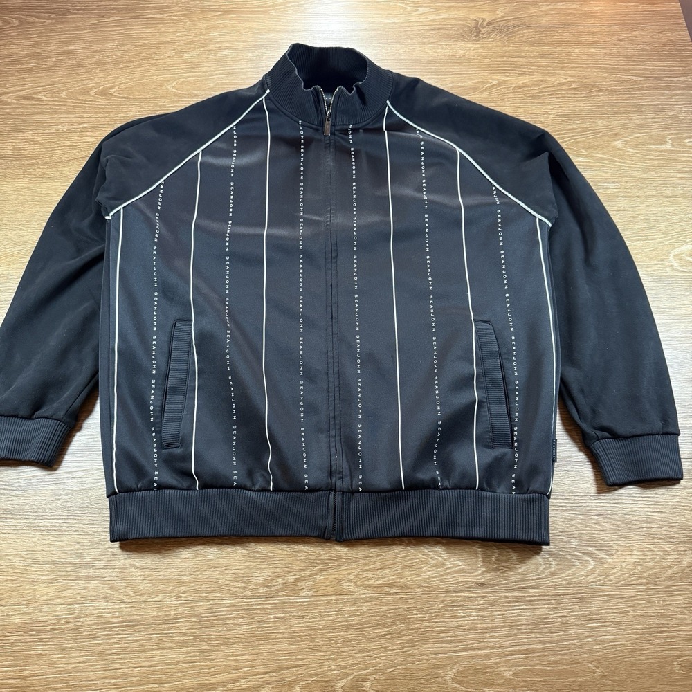 Sean John Track Jacket Men's 2XL Black Full Zip Logo Stripe Streetwear